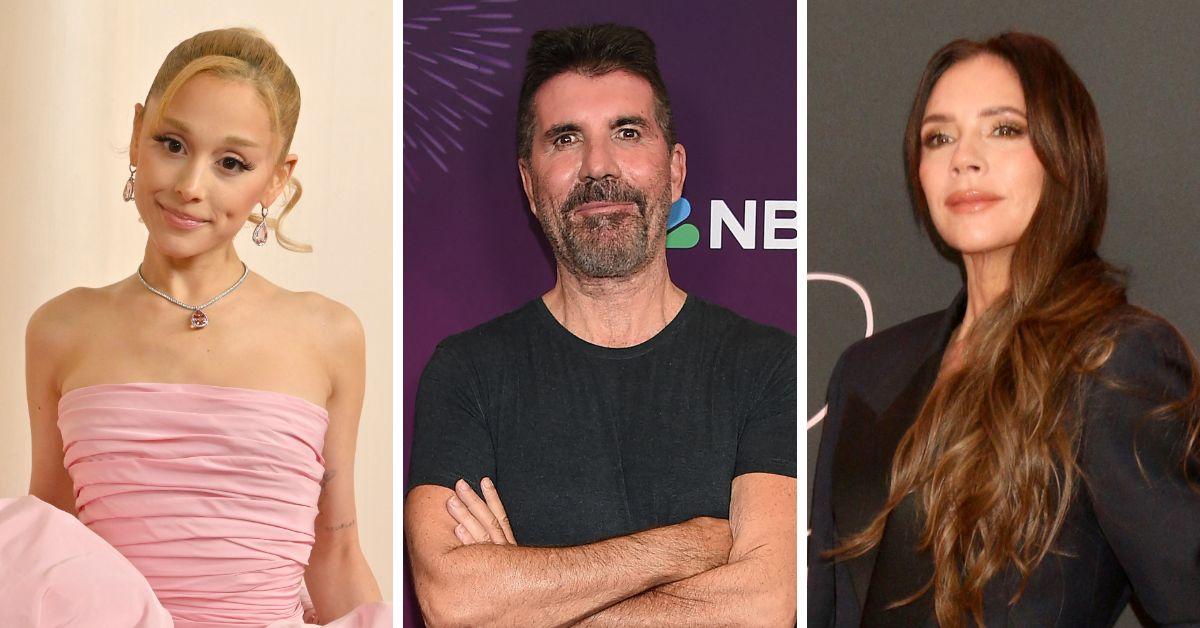 Split photo of Ariana Grande, Simon Cowell, and Victoria Beckham.