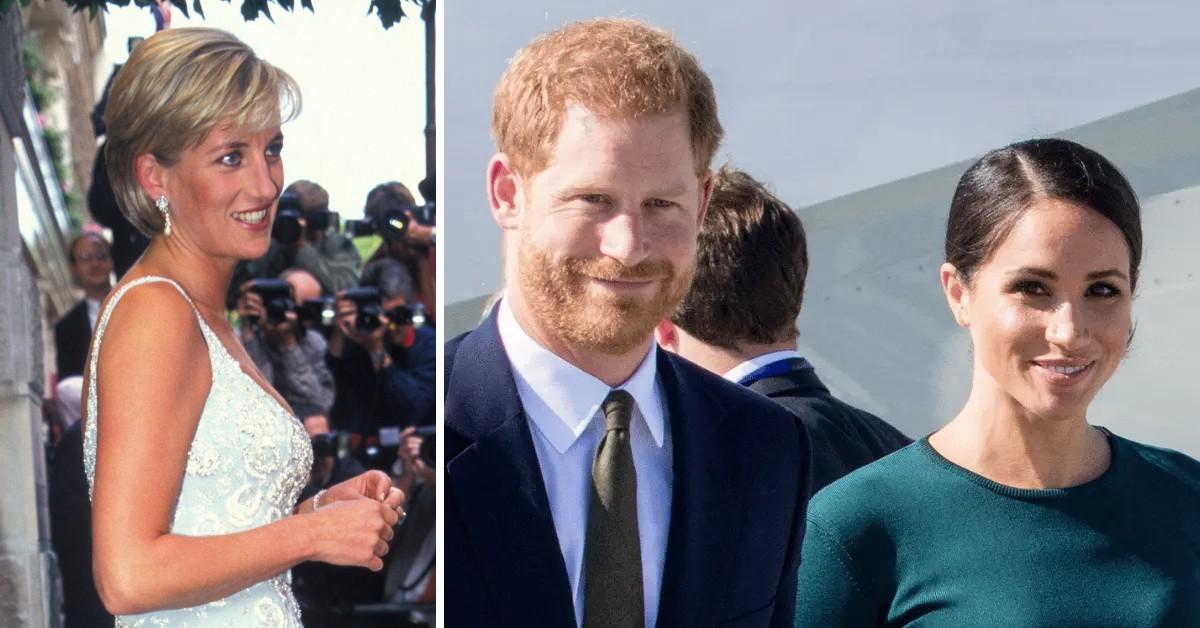 Split photo of Princess Diana, Prince Harry and Meghan Markle.
