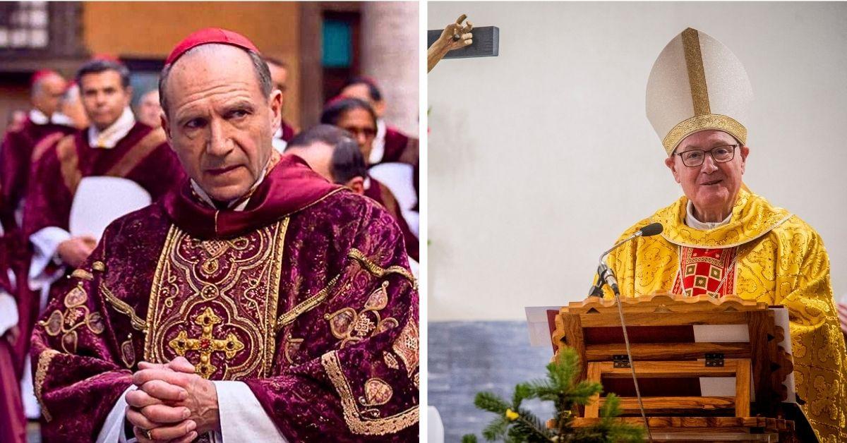 Split photo of Ralph Fiennes, Timothy Dolan