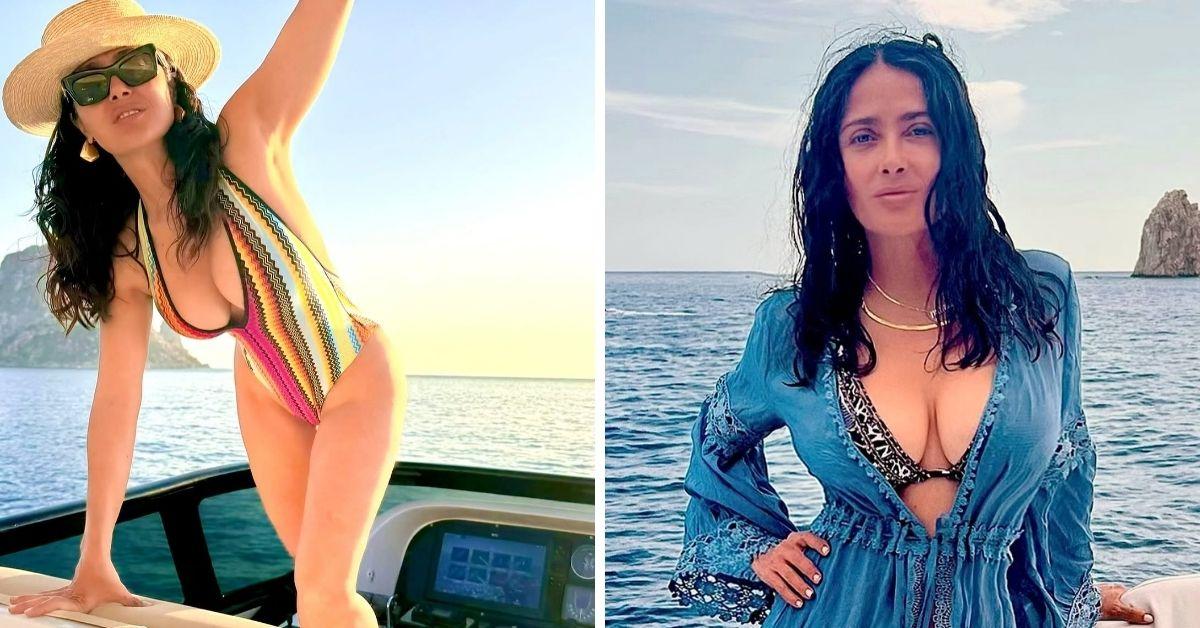 Split photo of Salma Hayek