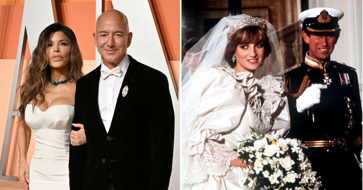 Split photo of Jeff Bezos with Lauren Sanchez and Princess Diana with Prince Charles.